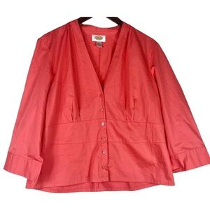 Talbots Shirt Top Oxford Blouse 18 1X 2X Coral Pink V-Neck Career